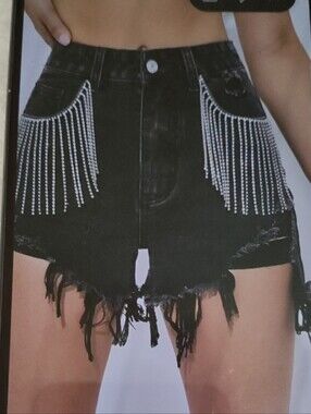 VIP Black Denim Shorts with Rhinestone Fringe
